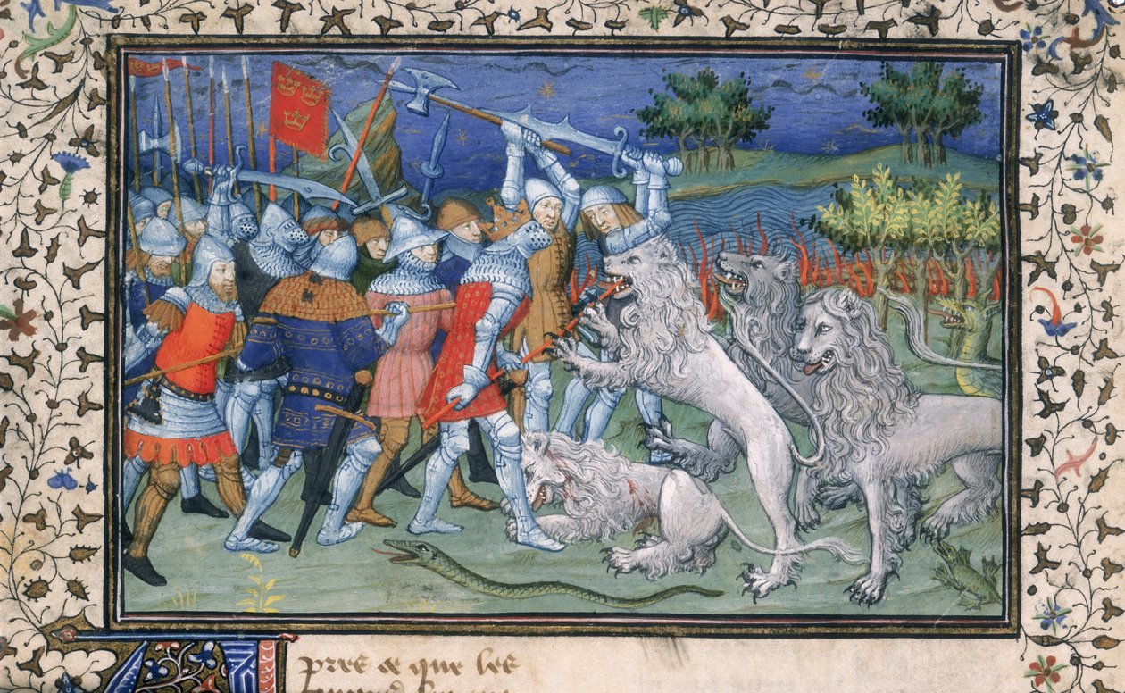 MS Royal 20 B.XX fol.50v Aleksander Wielki (356-323 pne) walki z białymi lwami, z „La Vraye Histoire du Bon Roy Alixandre” Pseudo-Kallisthenesa, początek XV wieku (wellum) autorstwa French School