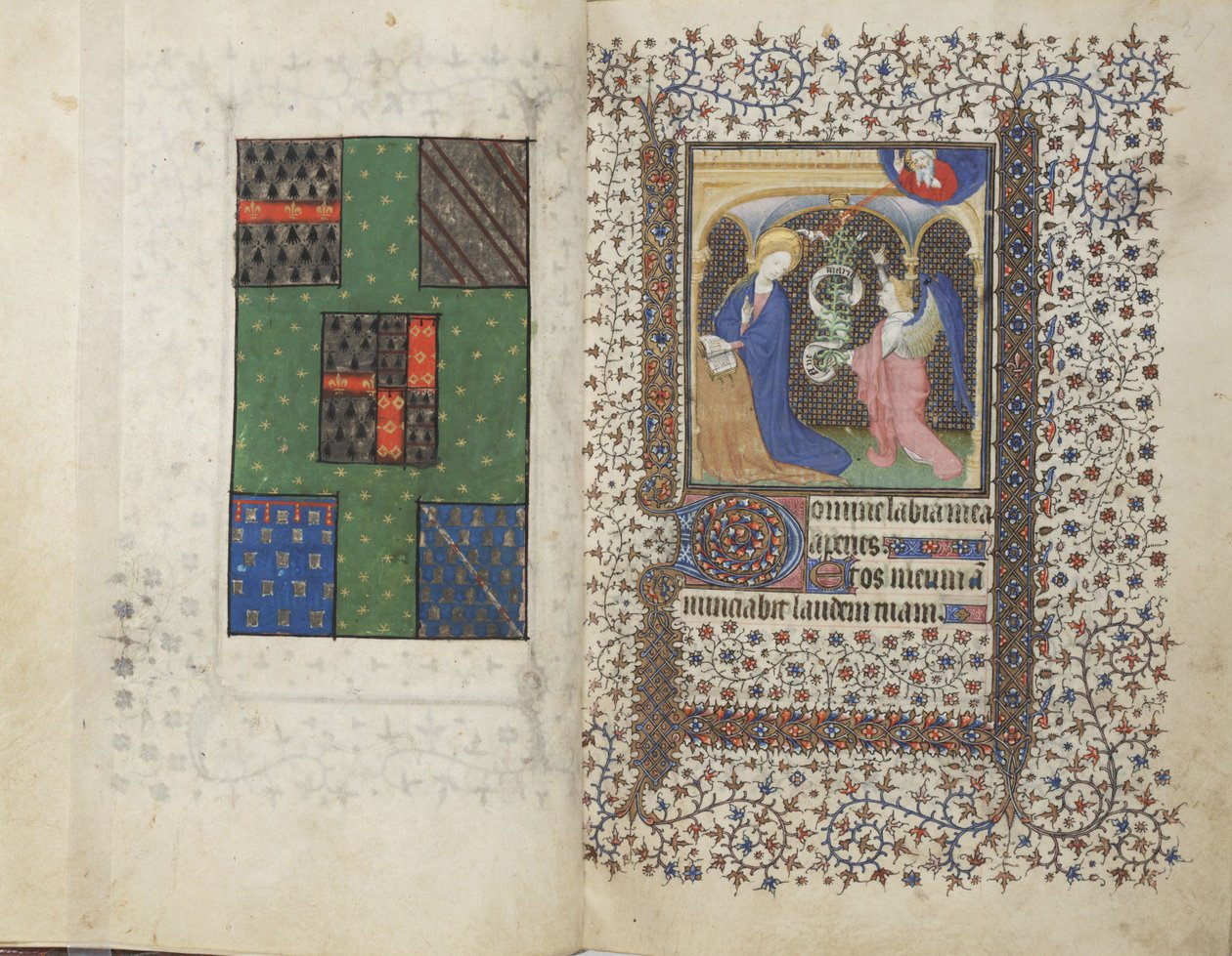 MS Widener 4, ff.26v-27r, Herb i Zwiastowanie, z Księgi Godzin, użycie Rennes, ok.1405 (pióro i atrament oraz tempera na welinie) autorstwa French School