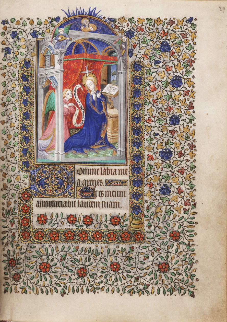 MS Widener 6 f.29r, Zwiastowanie, z Księgi Godzin, wykorzystanie Paryż autorstwa French School