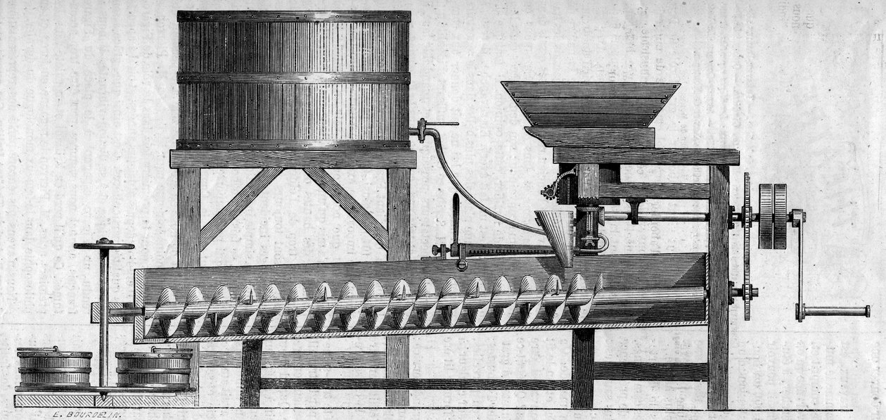 Maszyna do robienia zaprawy betonowej. Grawer w „Le Monde Illustré” nr 55 z 1 maja 1858 r. autorstwa French School