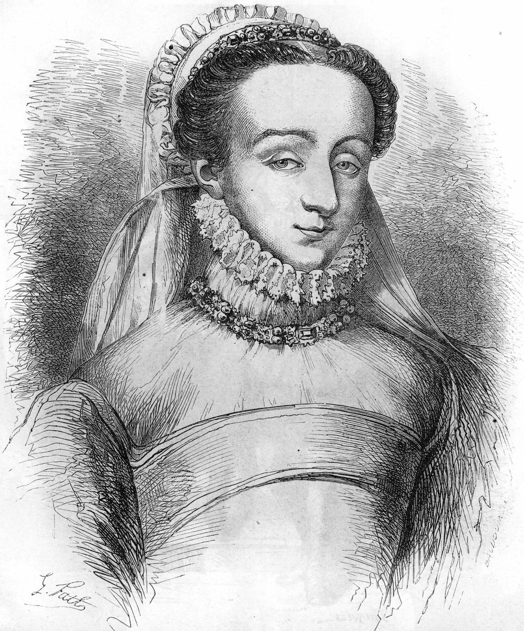 Madame de Sauve (jedna z kobiet używanych przez Katarzynę Medyceuszy (Caterina de Medici) do prowadzenia notatek na temat dworzan). Znana również jako Charlotte de Beaune, baronowa de Sauve, a później jako markiza de Noirmoutier, kochanka Henryka IV. W „”  autorstwa French School