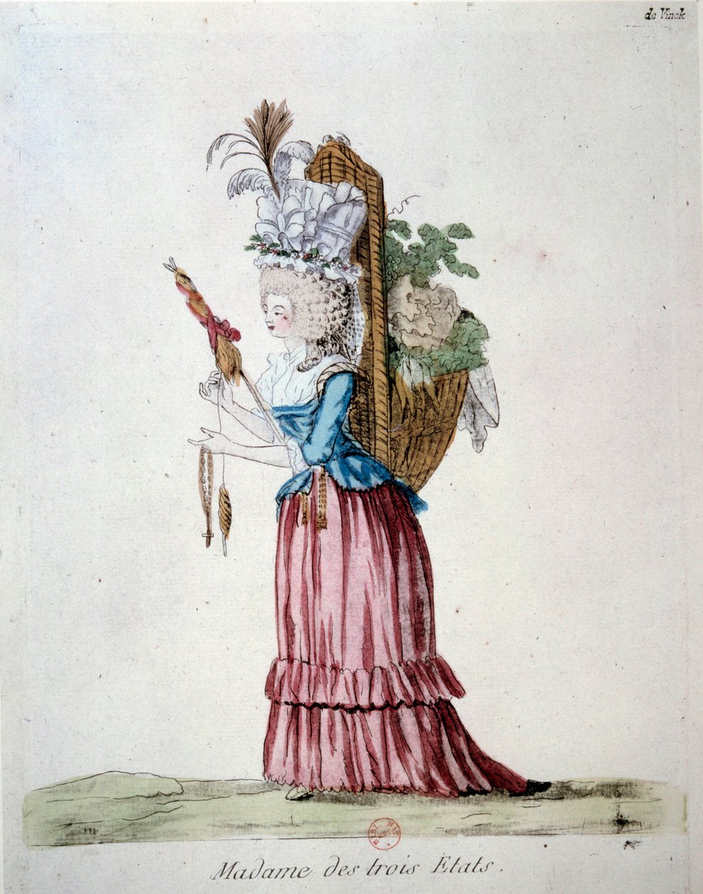 Madame of the Three States Kobieta ubrana elegancko i niosąca kosz owoców i warzyw reprezentujących trzy stany z czasów rewolucji francuskiej. Rycina z 1789 r. Biblioteka Arsenału, Paryż autorstwa French School