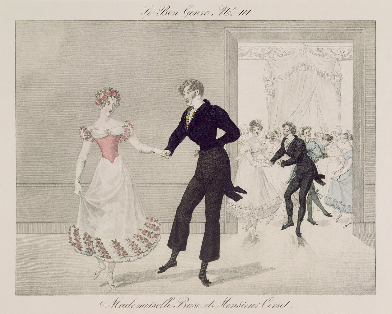 Mademoiselle Busc i Monsieur Gorset, płyta 111 z gatunku le Bon, ok. 1810 (kolorowe grawerowanie) autorstwa French School