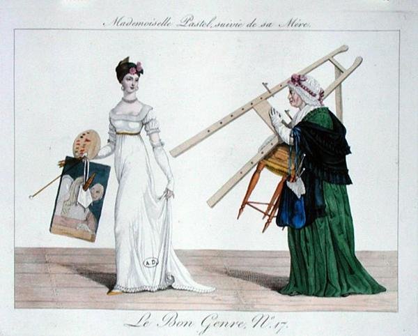 Mademoiselle Pastel podążająca za matką, tablica 17 z "Le Bon Genre". autorstwa French School