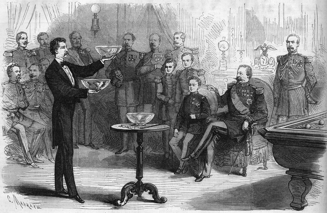 Pokaz magii wystawiony przez pana Faure Nicolay w obozie Chalons w obecności cesarza Napoleona III (1808-1873) i jego syna Prince Imperial (1856-1879) autorstwa French School