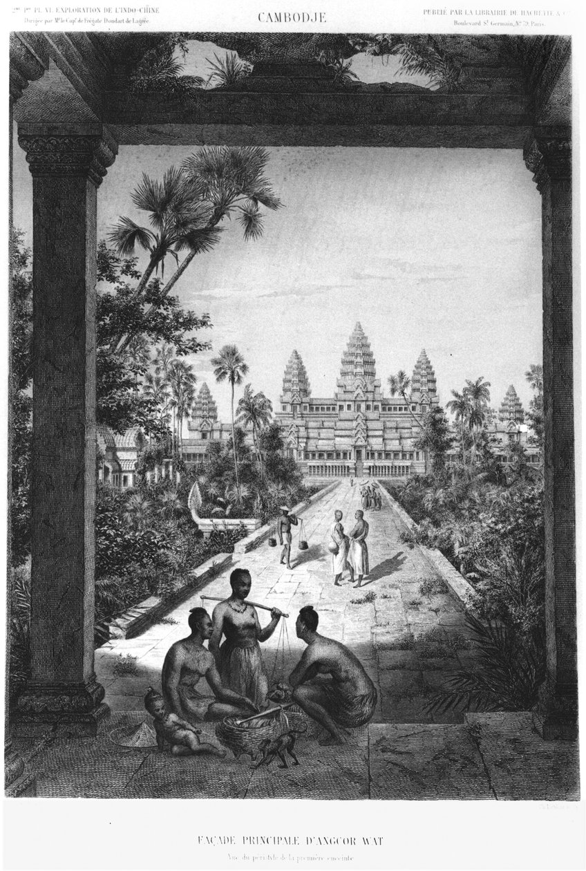 Główna fasada Angkor Wat, ilustracja z Atlas du voyage d’exploration en Indochine, 1866-68 autorstwa Doudart de Lagree, opublikowana 1873, Paryż, Hachette autorstwa French School