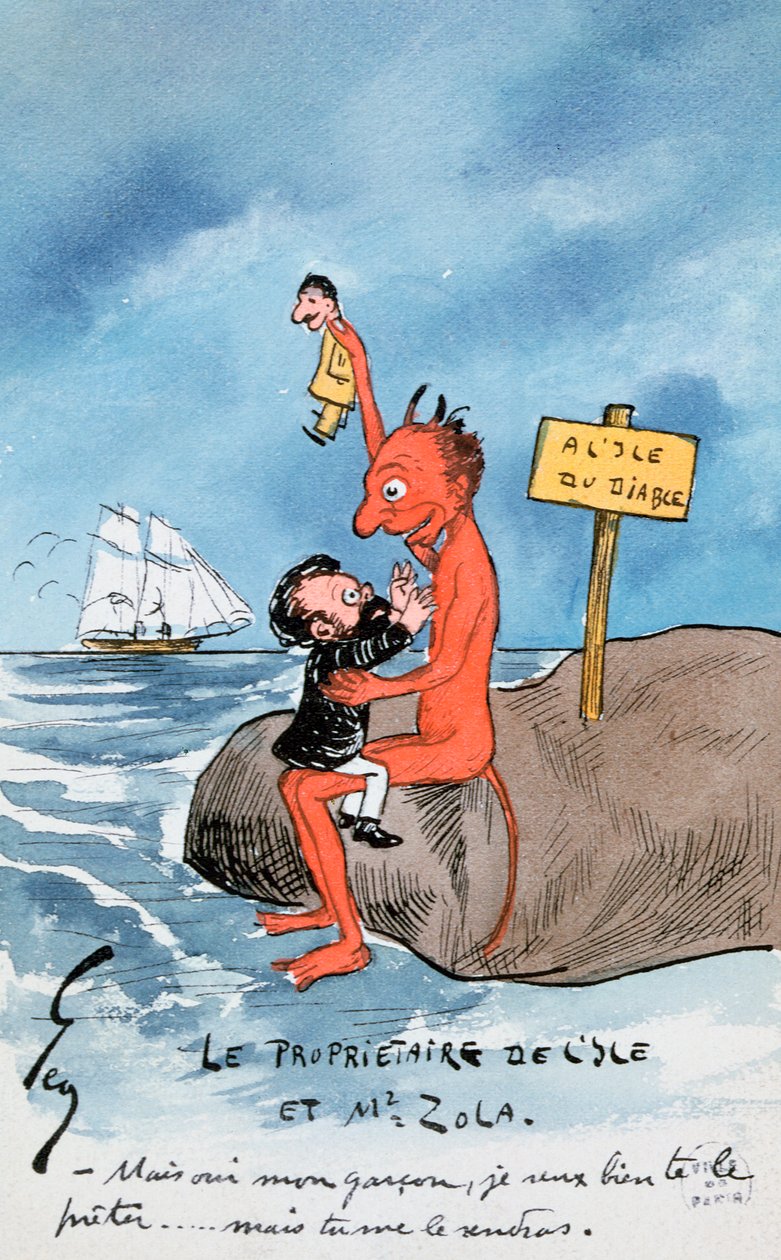 Ale tak, mój chłopcze, chcę ci go pożyczyć... rysunek przedstawiający Zolę i diabła na Devils Island dyskutujących o aferze Dreyfusa (wc na papierze) autorstwa French School