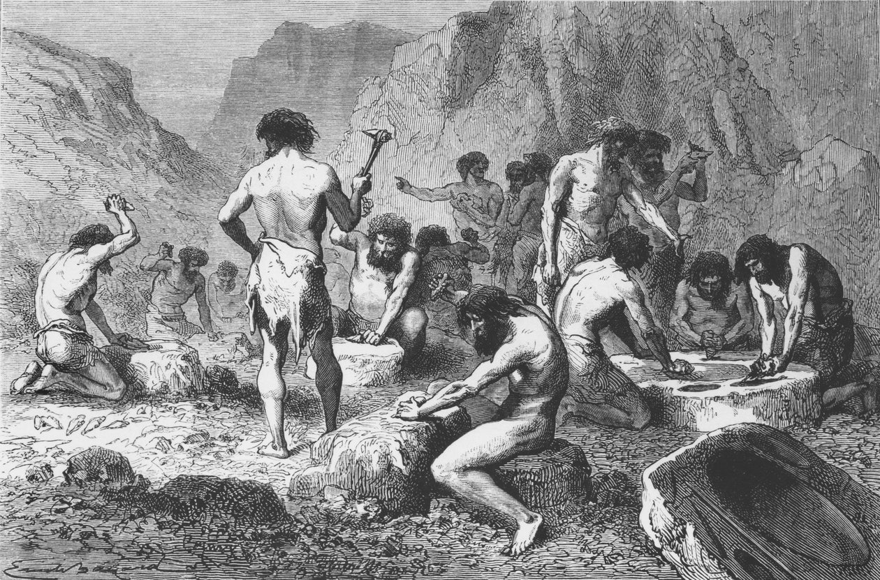 Wykonywanie i polerowanie silexu w Pressigny, ilustracja z LHomme Primitif autorstwa Louisa Figuiera, wyd. Hachette, 1870 autorstwa French School