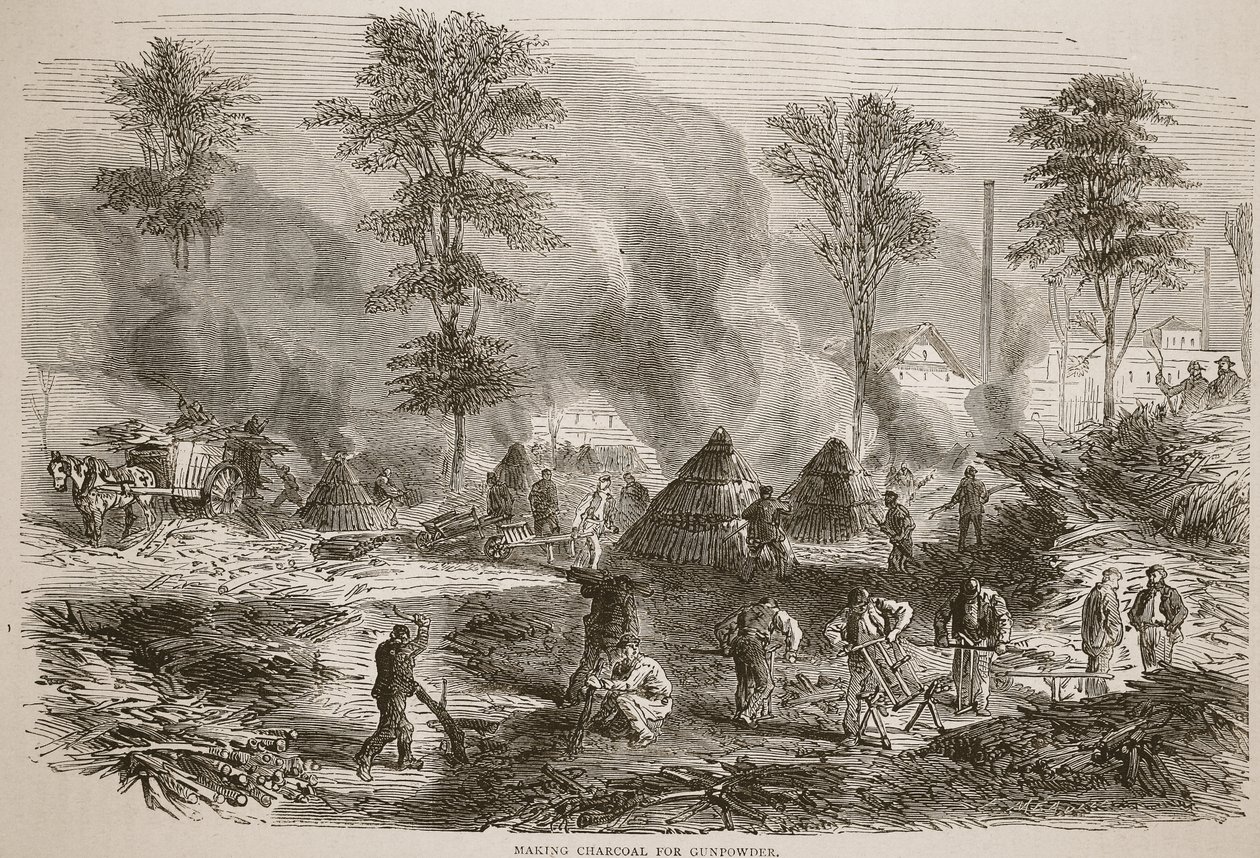 Wyrabianie węgla drzewnego na proch strzelniczy, ilustracja z Historii wojny Cassells między Francją a Niemcami, 1870-1871 autorstwa French School