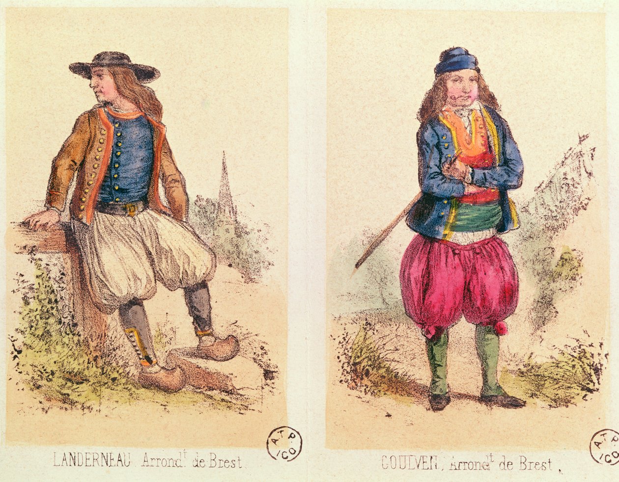 Kostiumy męskie z Landerneau i Goulven, z Les Costumes Bretons de Sorrieu autorstwa French School