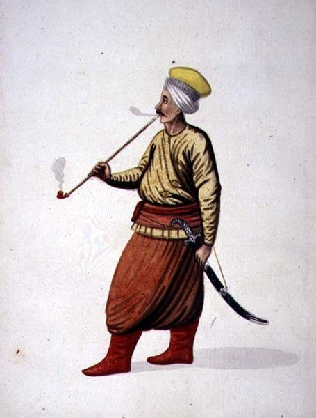 Mężczyzna palący fajkę, okres osmański, 3. ćw. XVIII w. (akwarela na papierze) autorstwa French School