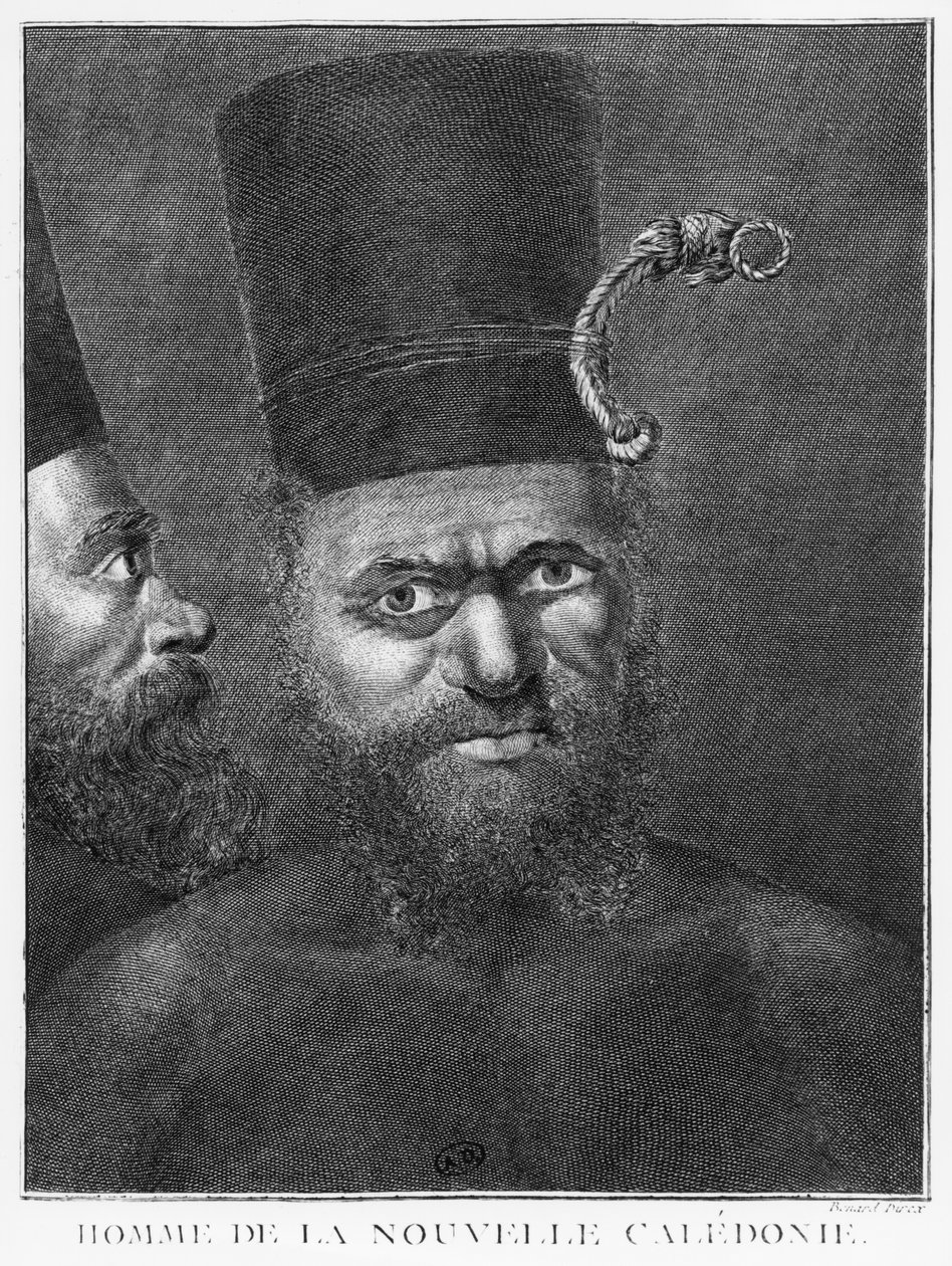 Człowiek z Nowej Kaledonii, ilustracja z Drugiej wyprawy kapitana Jamesa Cooka, sztychowana przez Benarda (XVIII wiek) 1774 autorstwa French School