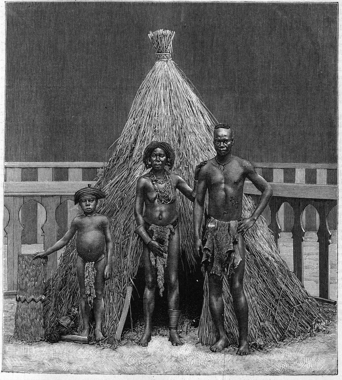 Mężczyzna, kobieta i dziecko trupy angolskiej wystawionej w Paryżu podczas Wystawy Światowej w 1889 r. (Ludzkie Zoo). autorstwa French School