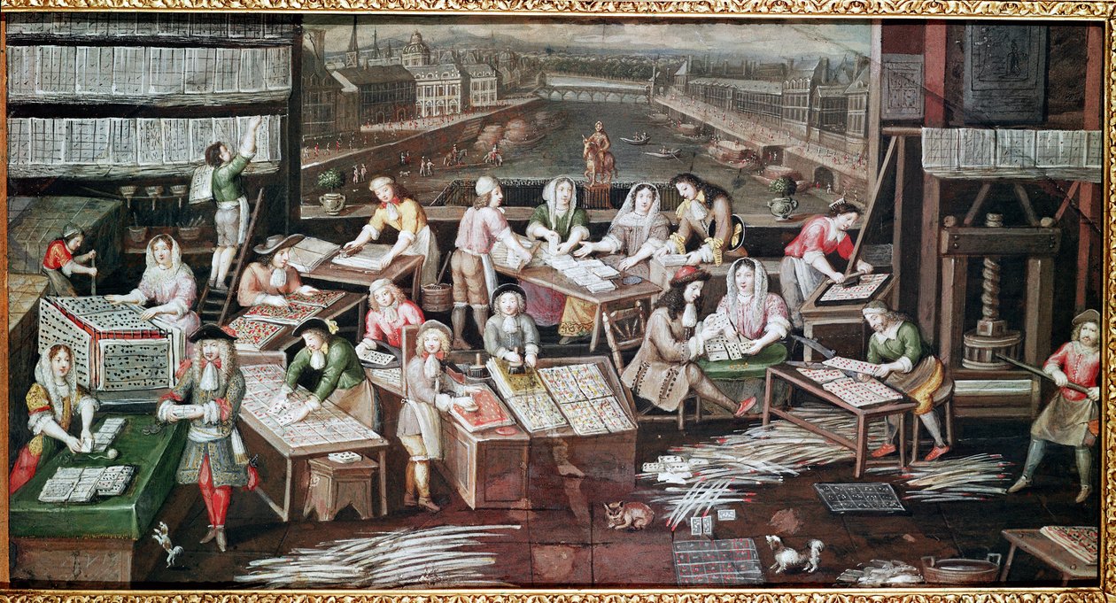 Manufaktura kart do gry w domu na placu Dauphine (projekt wachlarza, gwasz na papierze, ok.1680) autorstwa French School