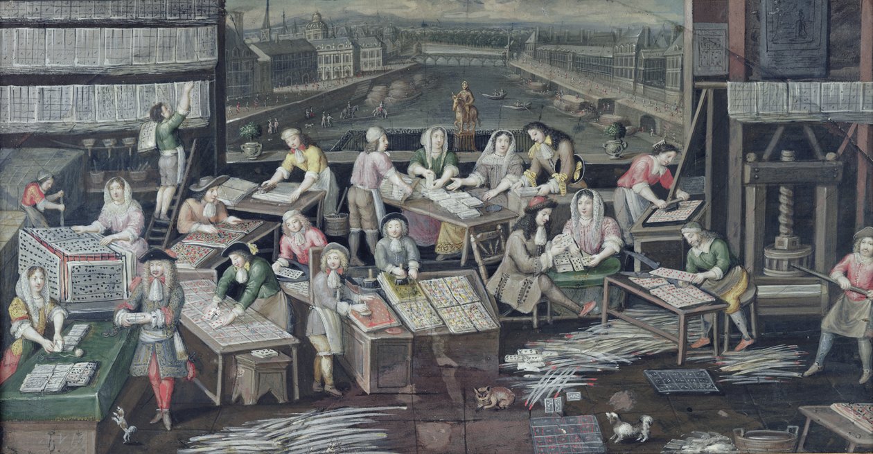 Manufaktura kart do gry w domu na placu Dauphine, projekt dla wachlarza, ok.1680 autorstwa French School