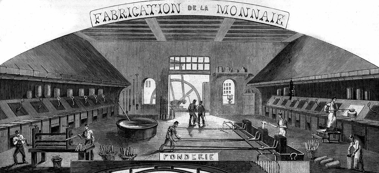 Produkcja pieniądza: odlewnia. Grawer w „Le Monde Illustré” nr 145 z 21 stycznia 1860 r. autorstwa French School