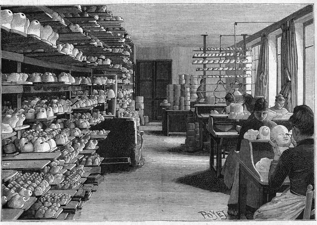 Produkcja lalek montreuil w 1888 r. Pomieszczenie do suszenia głów lalek przed gotowaniem i decoupage oczu. autorstwa French School