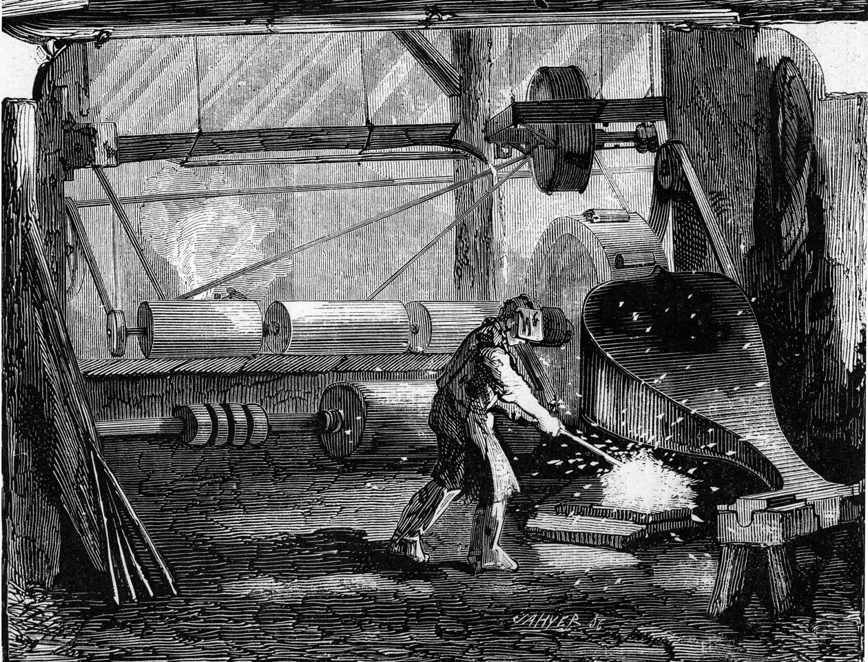 Produkcja armat karabinowych: żelazne pasy są czerwone puste. Grawer w „”Le Monde Illustré””n°35 z 12 grudnia 1857 r. autorstwa French School