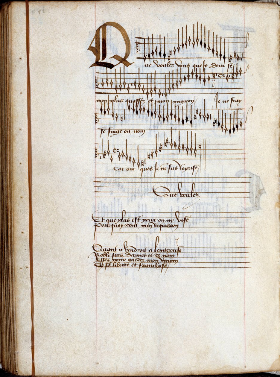 Strona rękopisu zbioru partytur pieśni francuskich. XV wiek. Dijon, Biblioteka Miejska autorstwa French School