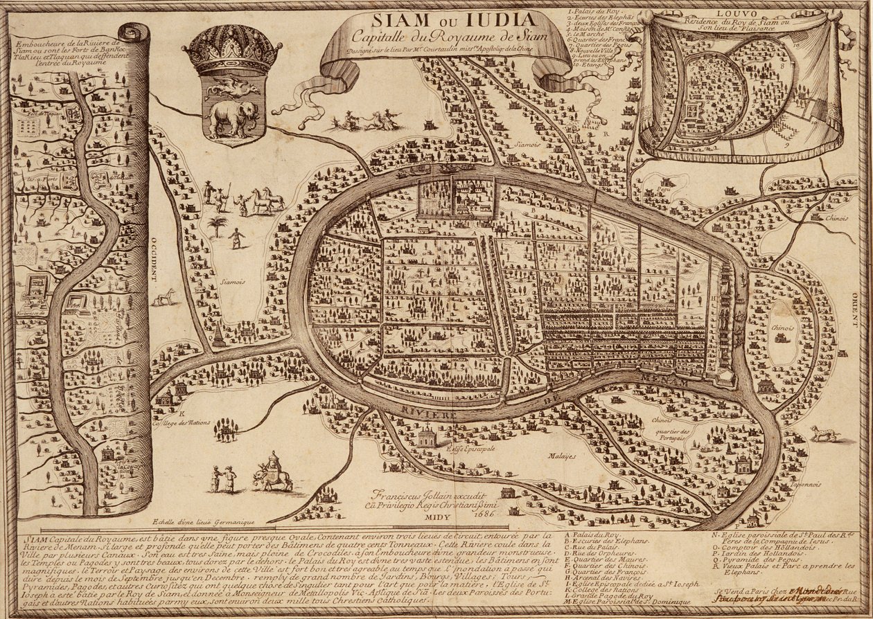 Mapa Ayutthayi, 1686 (tusz na papierze) autorstwa French School