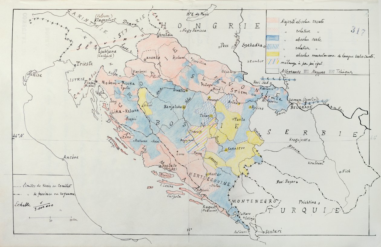 Mapa Bośni ze szczegółami obszarów zajmowanych przez mniejszościowe grupy etniczne, 1910 (pióro, atrament i toaleta) autorstwa French School