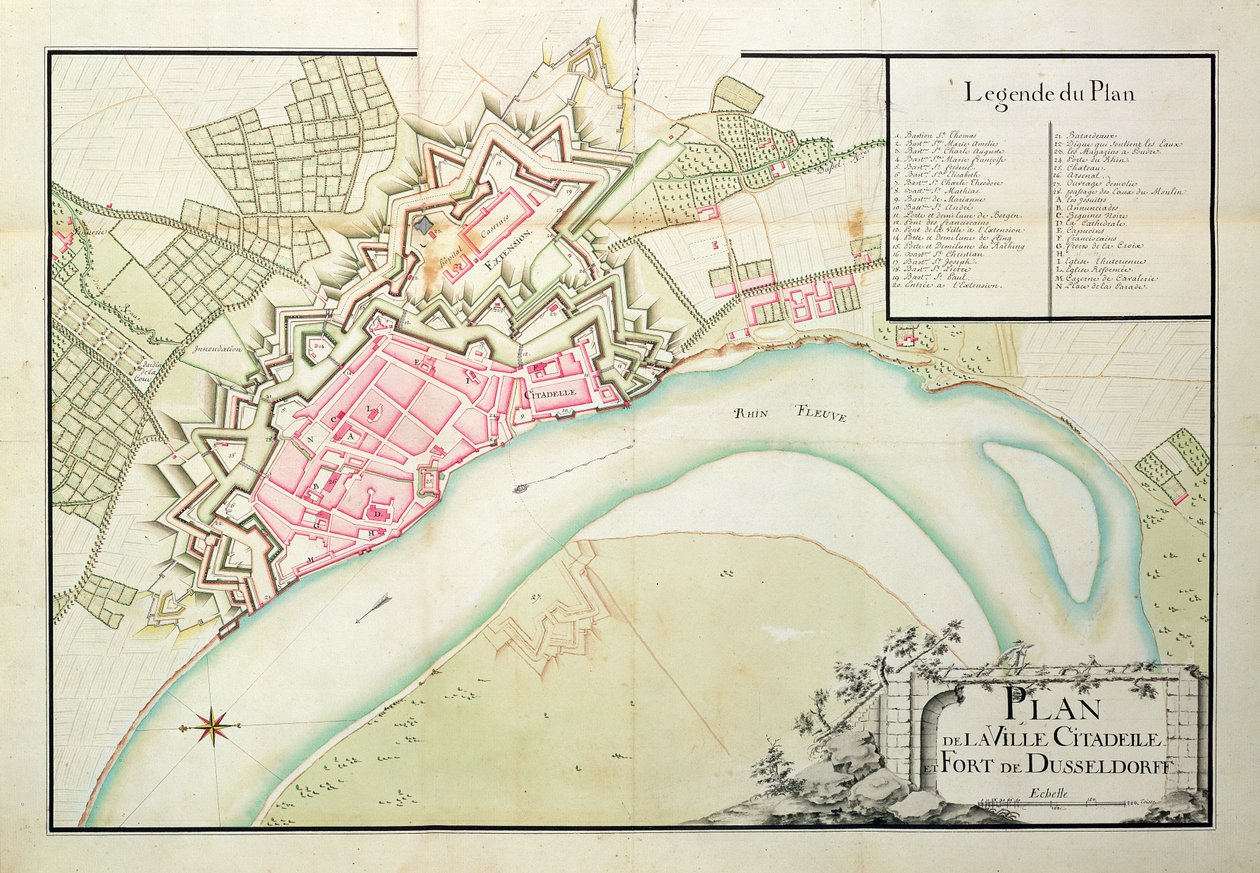 Mapa Dusseldorfu (pióro i atrament na papierze) autorstwa French School