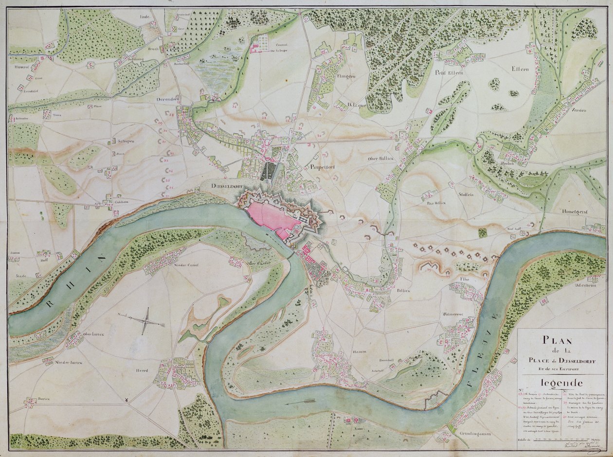 Mapa Dusseldorfu i okolic (pióro i atrament na papierze) autorstwa French School