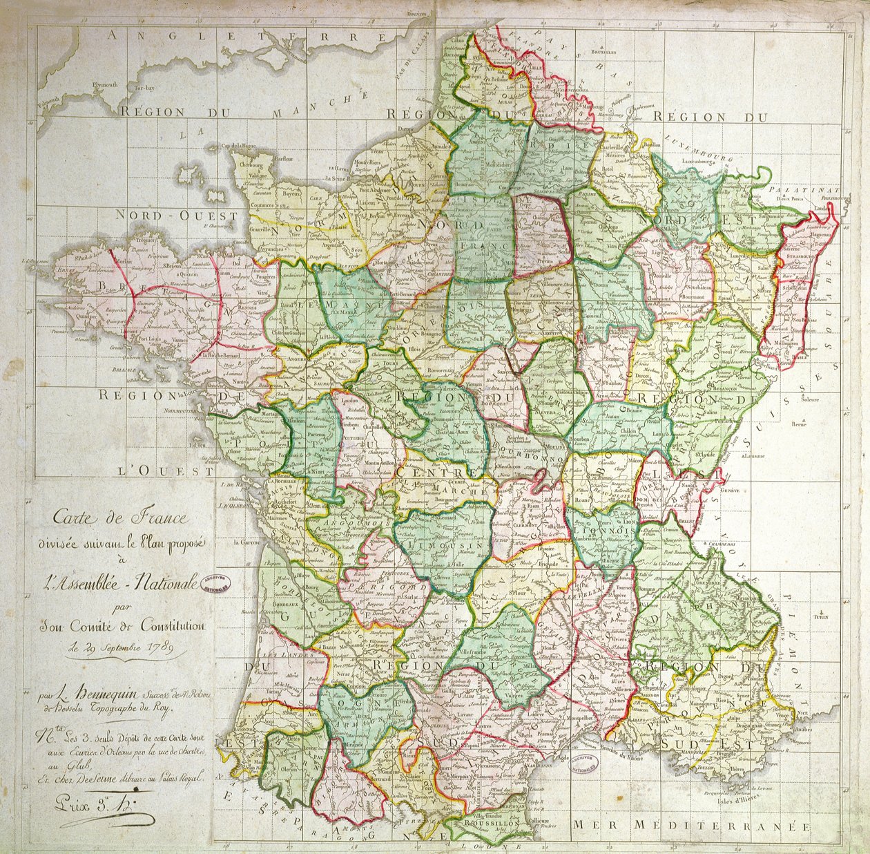 Mapa Francji z planami podziału departamentów, 1789 (kolor lito-tramentowy) autorstwa French School