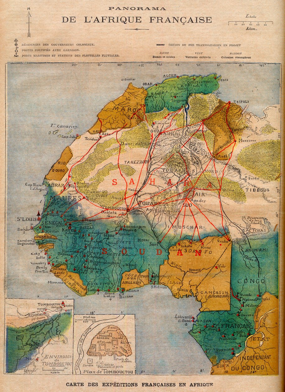 Mapa francuskich wypraw w Afryce, ilustracja z „Le Petit Journal” z 5 marca autorstwa French School