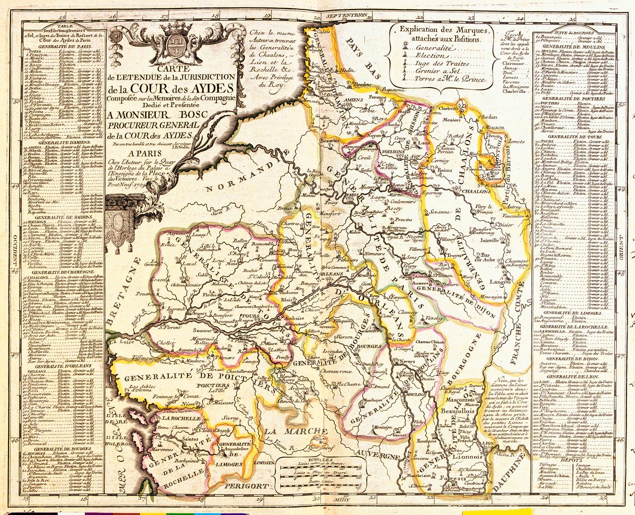 Mapa terytoriów francuskich objętych podatkiem, 1709, z Le Theatre du Monde autorstwa Jean-Baptiste Nolin, wydana 1717 (rycina ręcznie kolorowana) autorstwa French School