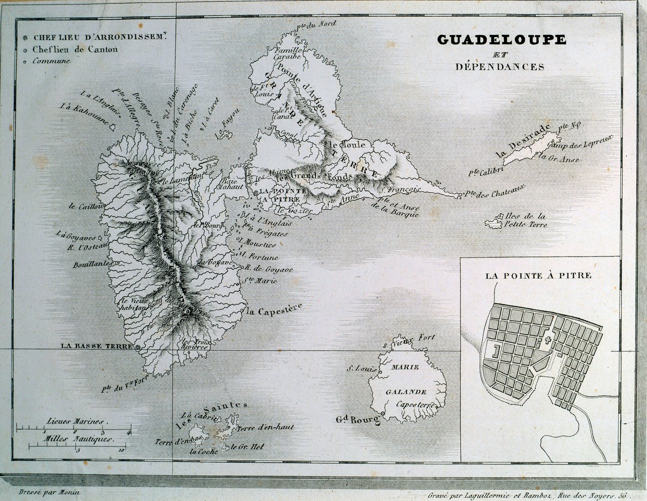 Mapa Gwadelupy i jej zależności. Rycina XIX wieku. Chartres, Muzeum Sztuk Pięknych autorstwa French School