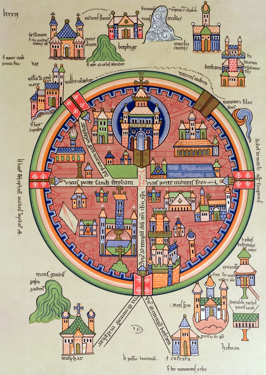 Mapa Jerozolimy i Palestyny, w tym święte miejsca i świątynia Salomona autorstwa French School
