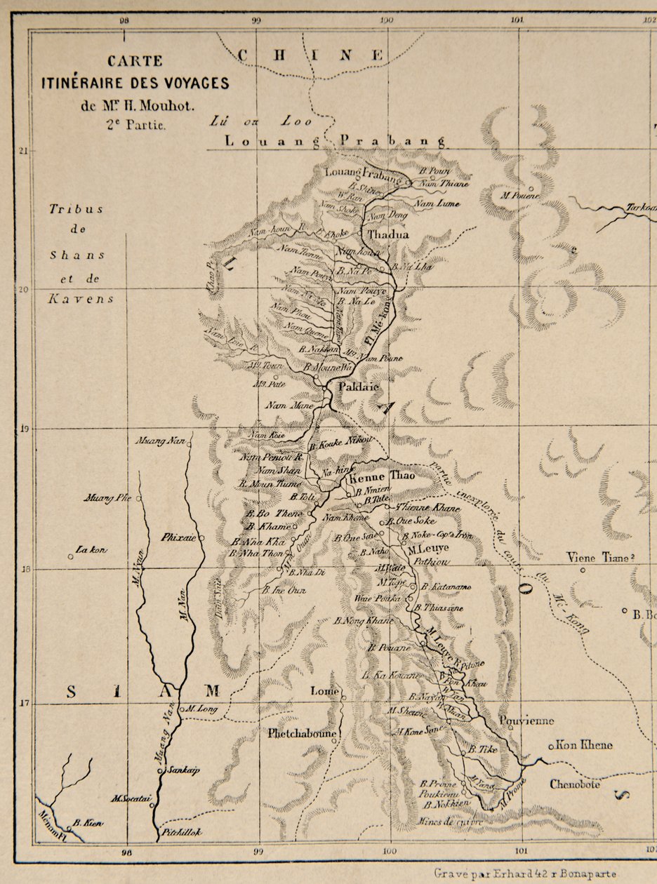 Mapa Laosu i rzeki Mekong przedstawiająca trasę podróży Henri Mouhota, ilustracja z Podróży po środkowych częściach Indochin (Syjamu), Kambodży i Laosu w latach 1858, 1859, autorstwa French School