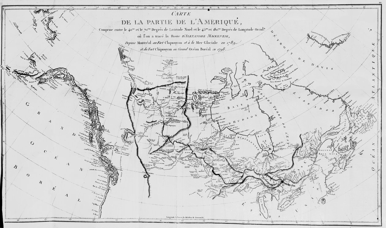 Mapa Ameryki Północnej przedstawiająca wyprawy Sir Alexandra Mackenziego w latach 1789 i 1798 na Ocean Arktyczny autorstwa French School