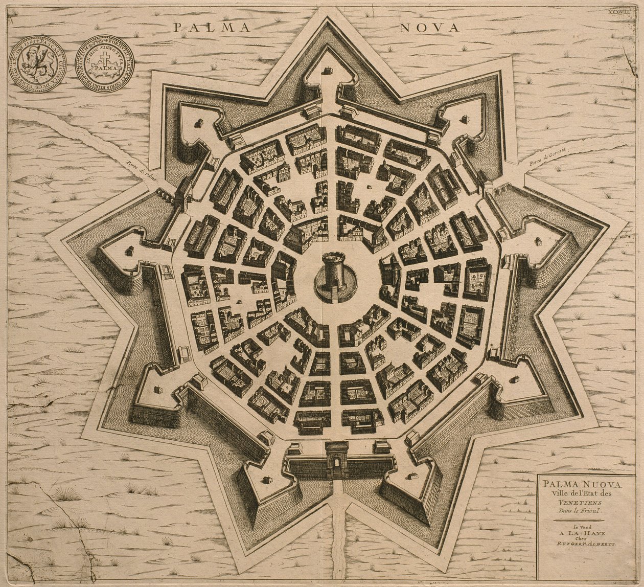 Mapa Palmanova, z Les Villes de Venetie, 1704, opublikowana przez Rutgerta Albertsa w Hadze autorstwa French School