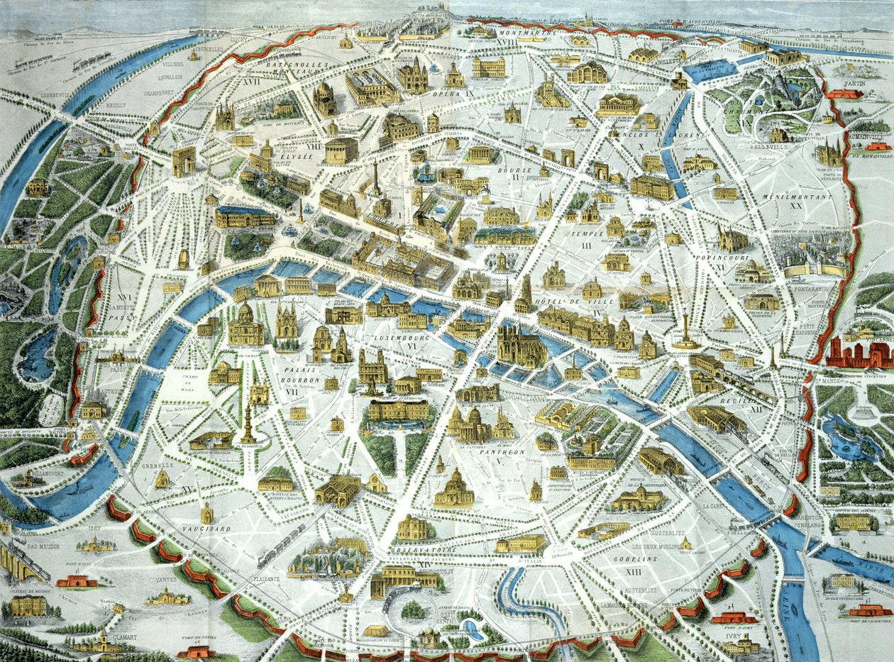 Mapa Paryża przedstawiająca słynne zabytki miasta, 1882 r. autorstwa French School
