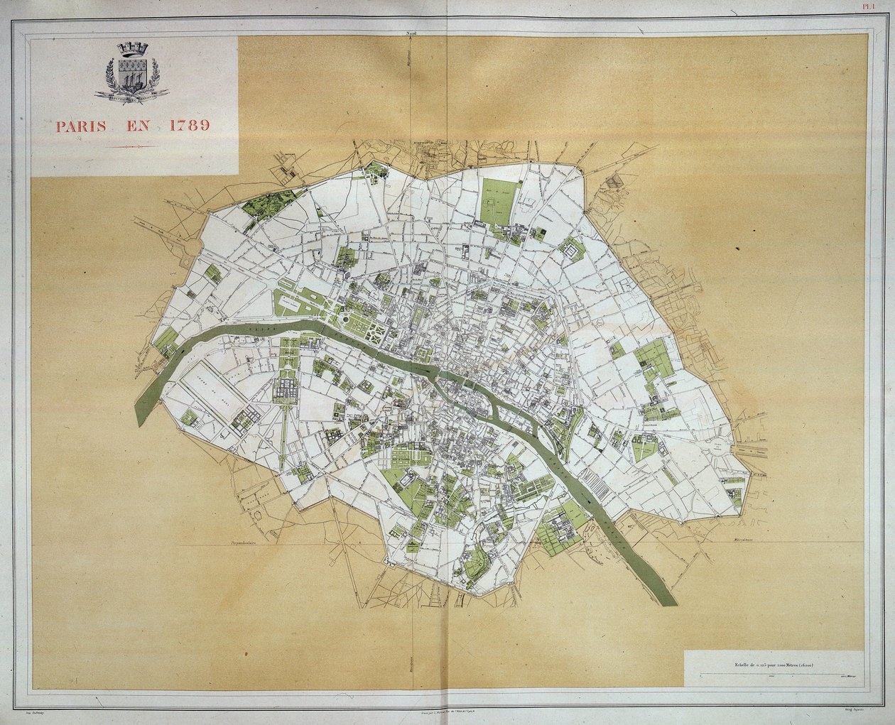 Mapa Paryża w 1789 r., zaczerpnięta z "Les Travaux de Paris 1789-1889, Atlas", Imprimerie Nouvelle autorstwa French School