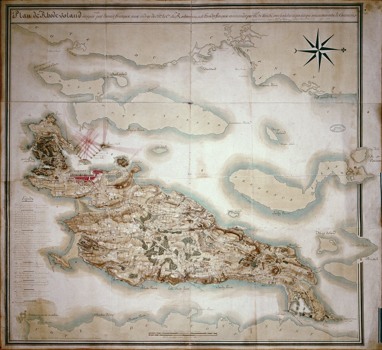 Mapa Rhode Island w czasie jej okupacji 1780-81 przez armię francuską na rozkaz Jean-Baptiste de Vimeur (1725-1807) hrabiego Rochambeau autorstwa French School
