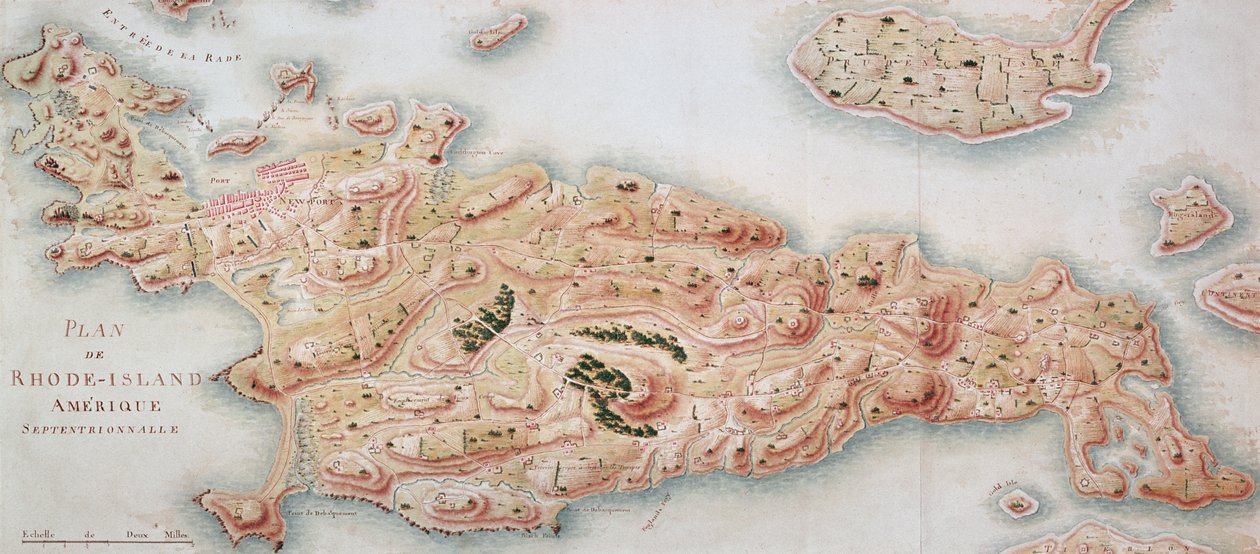 Mapa Rhode Island w czasie jej okupacji 1780-81 przez armię francuską na rozkaz Jean-Baptiste de Vimeur (1725-1807) hrabiego Rochambeau autorstwa French School