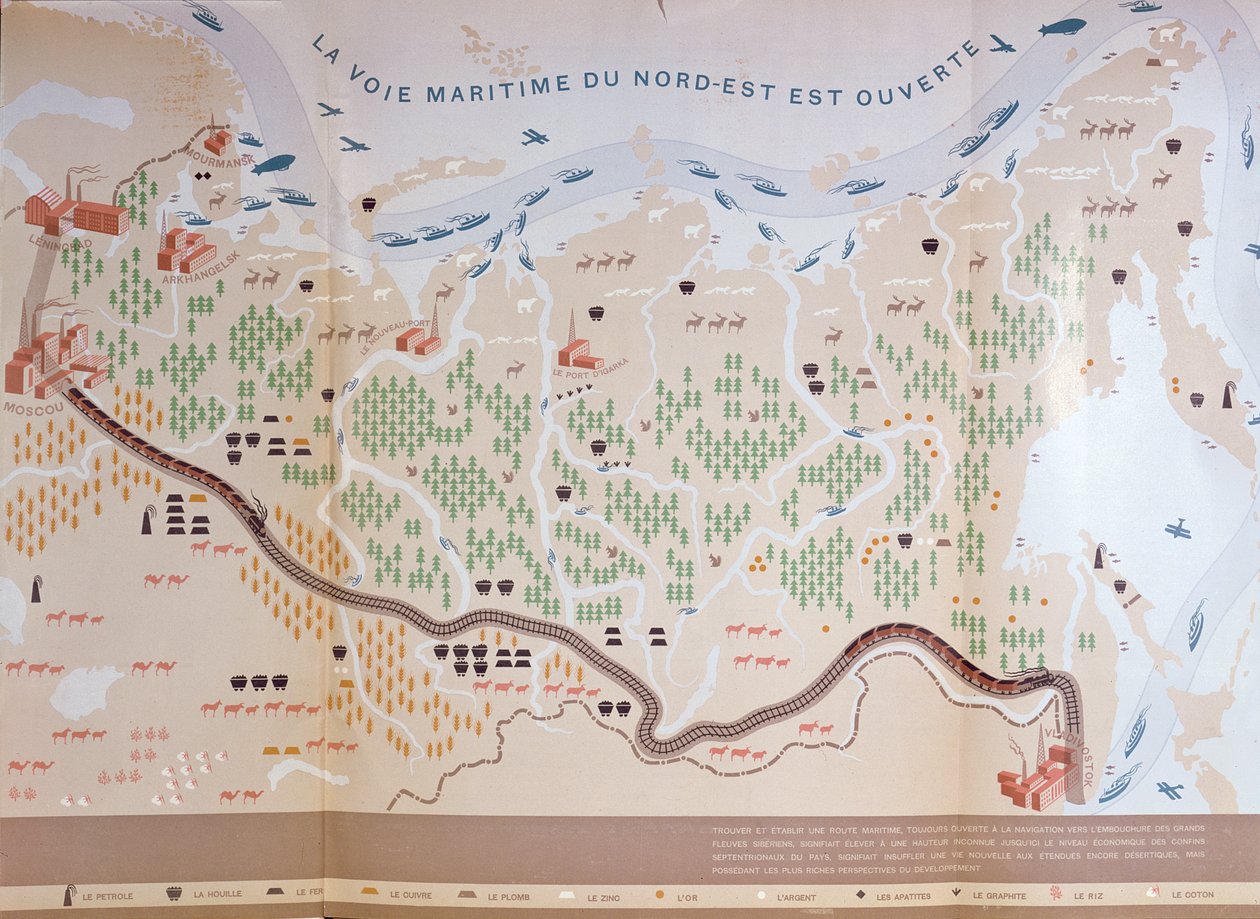 Mapa Syberii przedstawiająca ogromne zasoby naturalne tego obszaru oraz szlak morski, który otworzyłby handel, 1933 autorstwa French School