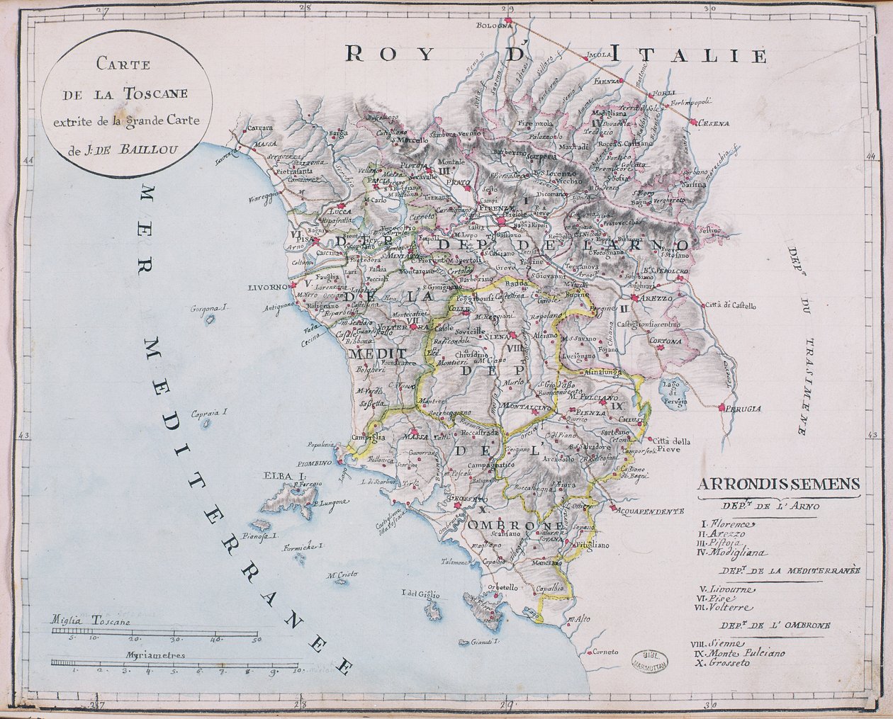 Mapa Toskanii, szczegół dużej mapy J. de Baillou (ołówek, tusz i akwarela na papierze) autorstwa French School