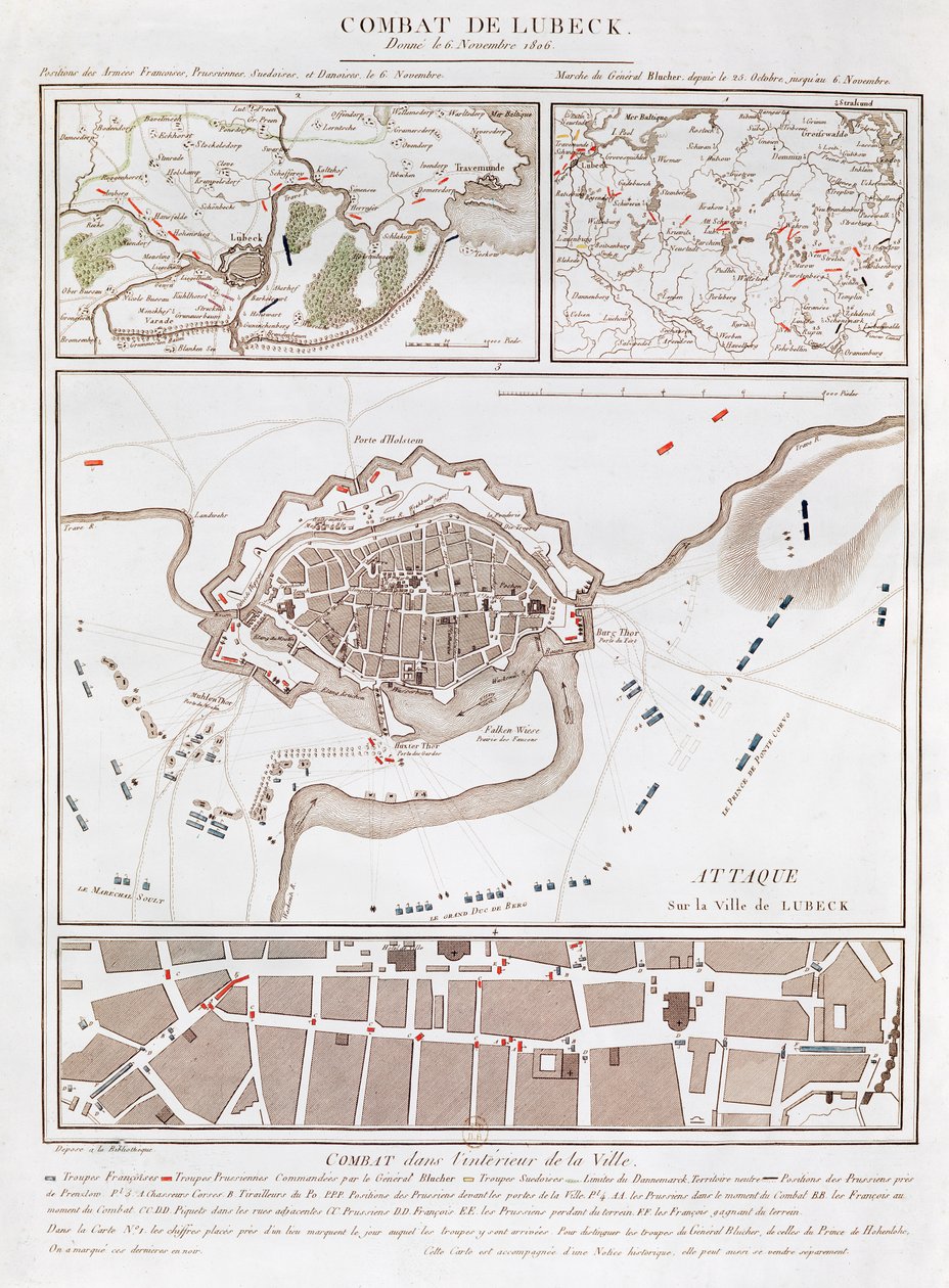 Mapa walk w bitwie pod Lubeką, pokazująca pozycje armii francuskiej, pruskiej, szwedzkiej i duńskiej autorstwa French School
