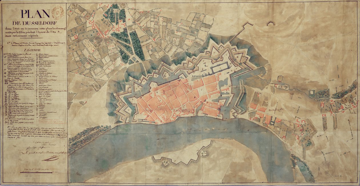 Mapa zniszczeń spowodowanych przez Ren, Dusseldorf, 1799 autorstwa French School
