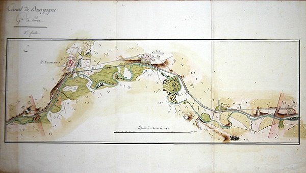 Mapa Canal de Bourgogne, koniec XVIII wieku (akwarela na papierze) autorstwa French School