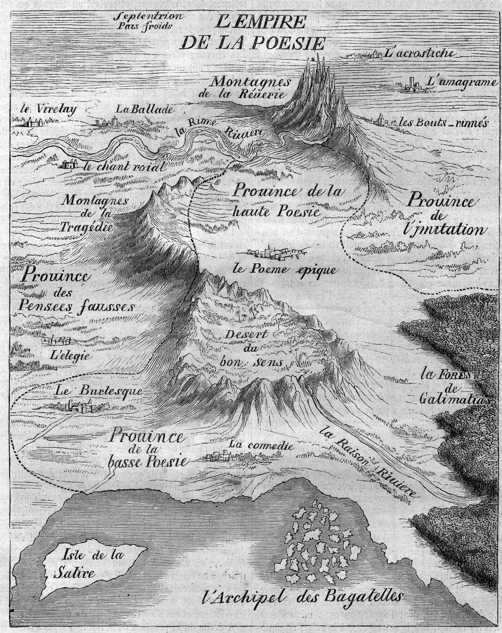 Mapa „Imperium Poezji” reprezentująca różne rodzaje poezji. Bernard Le Bouyer (Le Bovier) de Fontenelle (1657-1757) autorstwa French School