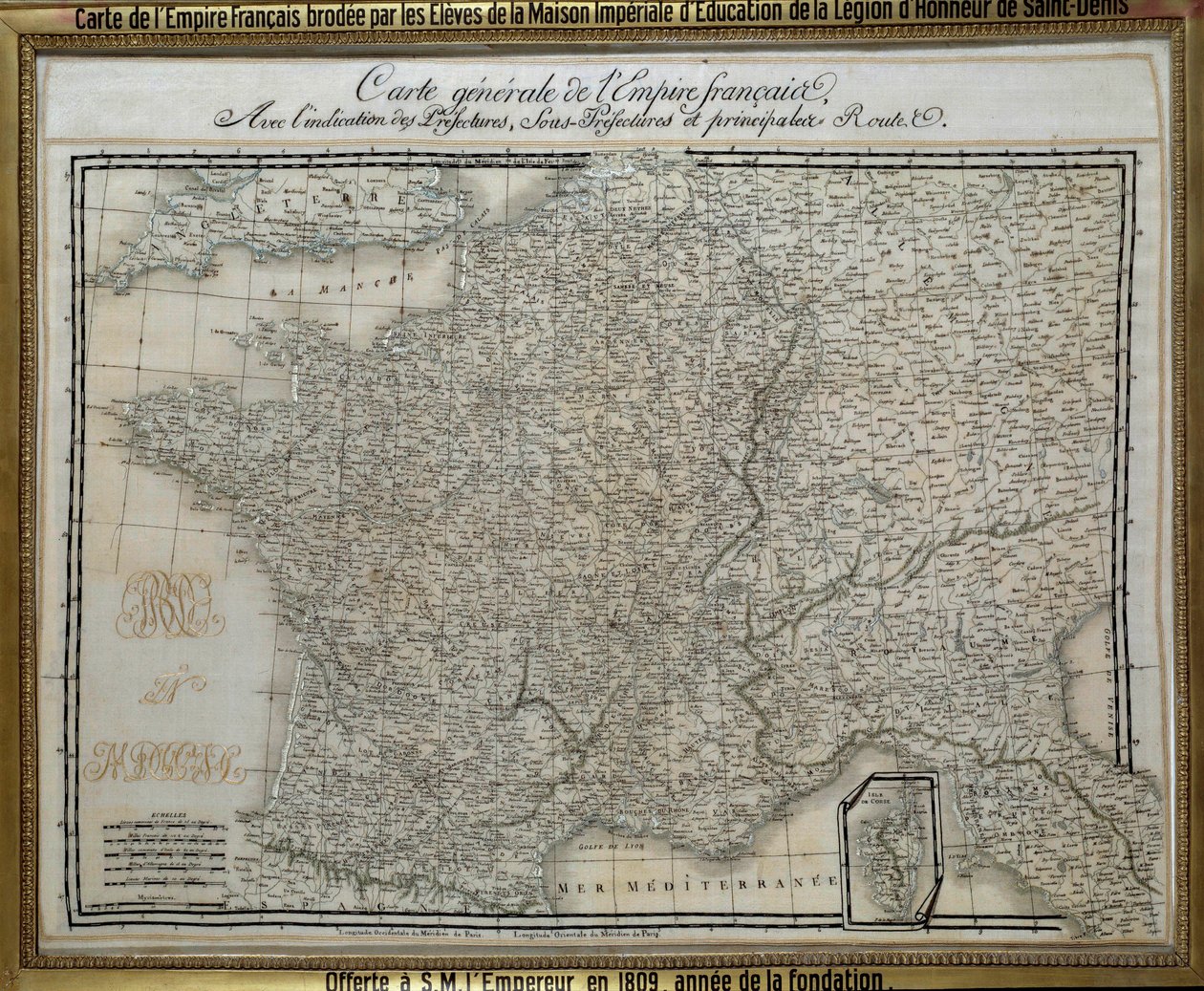 Mapa Cesarstwa Francuskiego (Pierwszego Cesarstwa) wyhaftowana przez uczniów domu cesarskiego Legii Honorowej Saint Denis. Zdjęcie haftu z 1809 roku. Ile d