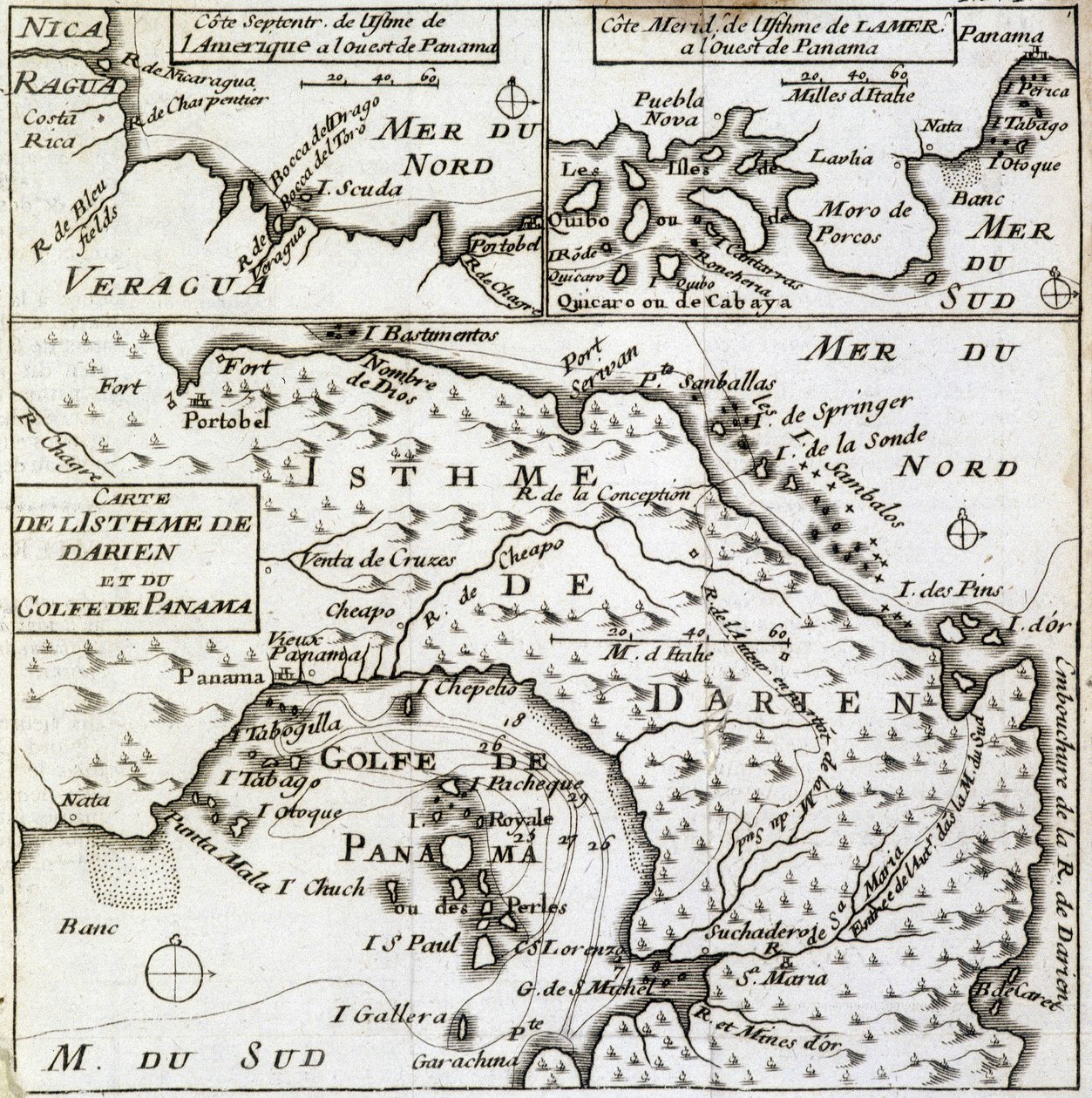 Mapa Przesmyku Darien i Zatoki Panamskiej w „Nowej podróży dookoła świata” Guillaume’a Dampiera (William Dampier) autorstwa French School