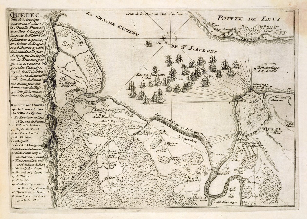 Mapa oblężenia Quebecu przez flotę brytyjską, 1670 autorstwa French School