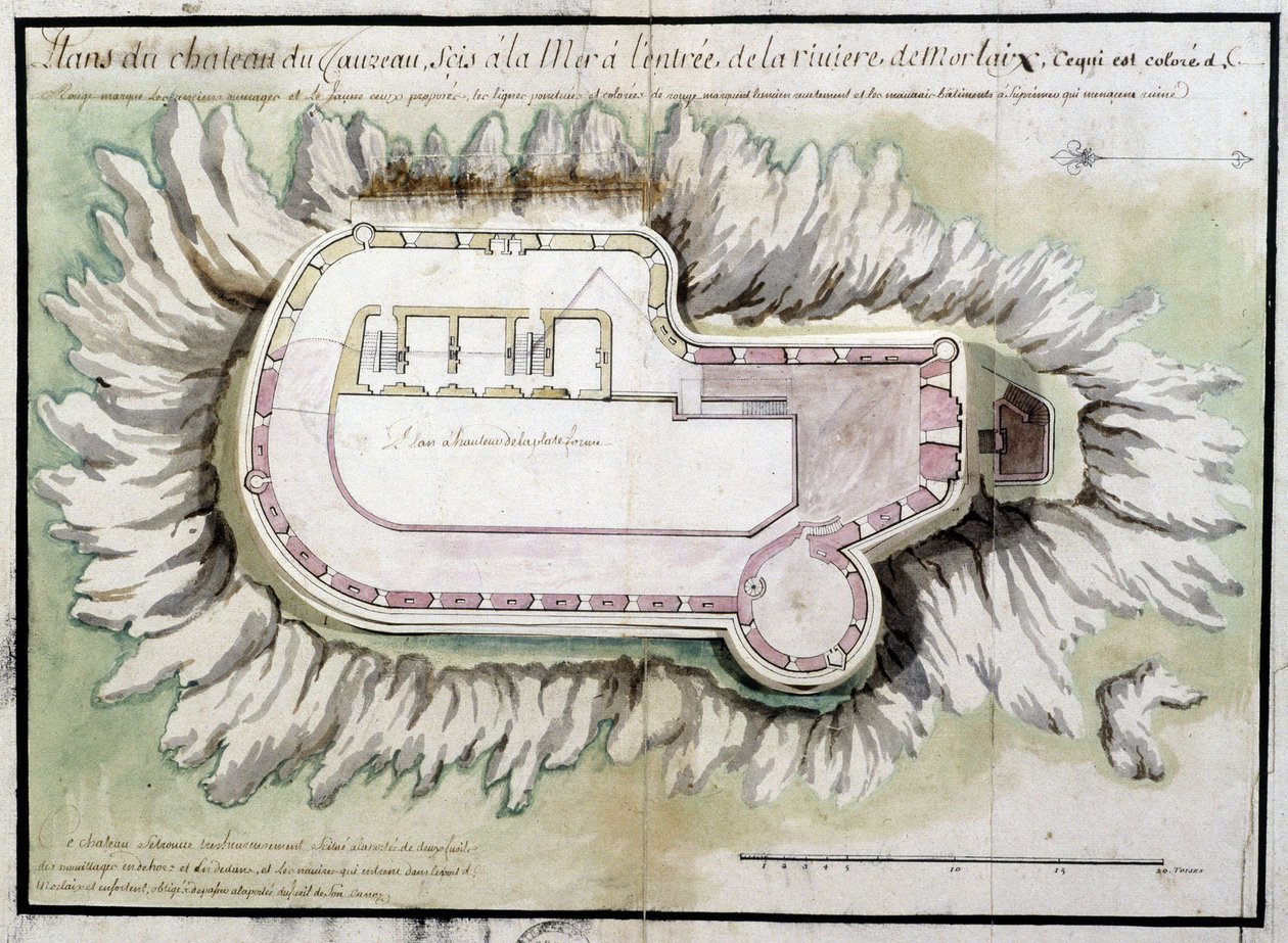 Mapa zamku Byk położonego nad morzem przy wejściu do rzeki Morlaix autorstwa French School