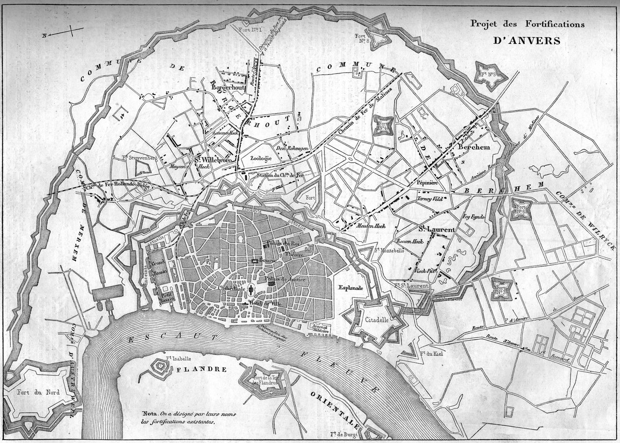 Mapa miasta Antwerpia (Belgia) z 1859 r.; reprezentujący projekt nowych fortyfikacji. Grawerowanie w „”Le Monde Illustré””n°128 z 24 września autorstwa French School